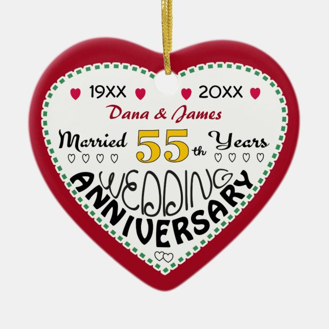 55th Anniversary gift heart shaped Christmas Ceramic Ornament (Front)