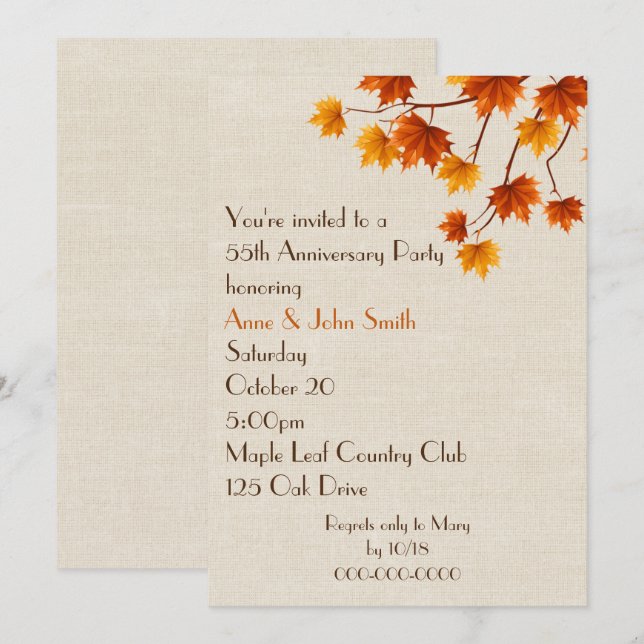 55th Anniversary Party Autumn Leaves  Invitation (Front/Back)
