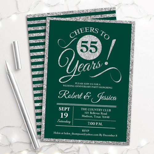 55th Anniversary Party _ Emerald Green Silver Invitation