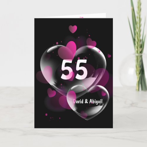 55th Anniversary Pink Heart Bubbles on Black Card