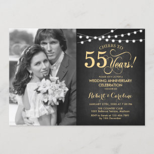 55th Anniversary with Photo - Black and Gold Invitation
