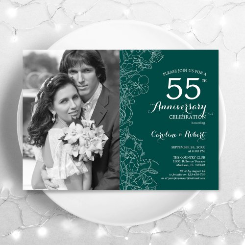 55th Anniversary With Photo Emerald Green Floral Invitation