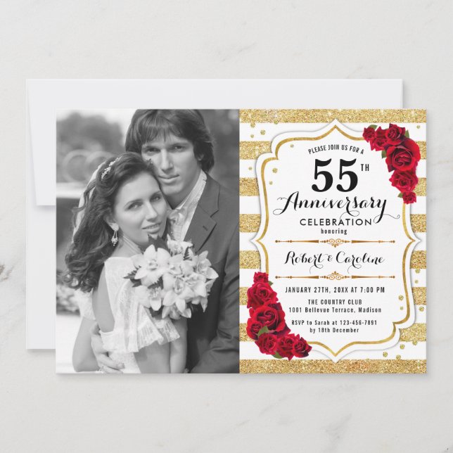 55th Anniversary with Photo - Gold White Red Invitation (Front)