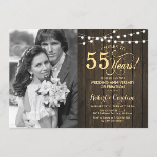 55th Anniversary with Photo - Rustic Wood Gold Invitation