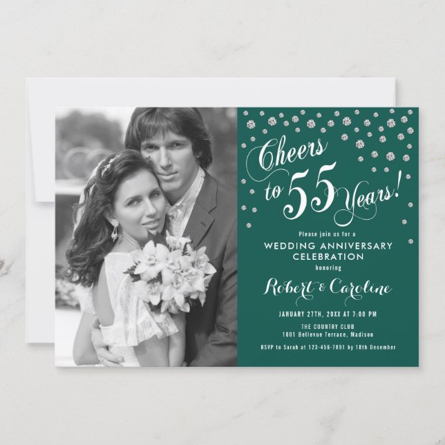 55th Anniversary with Photo - Silver Emerald Green Invitation (Front)