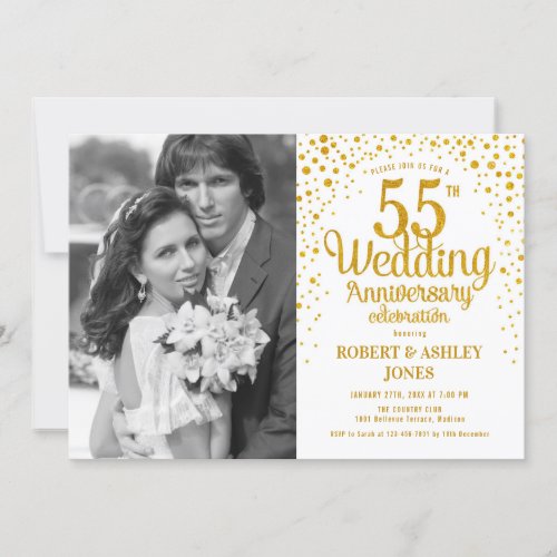 55th Anniversary with Photo _ White Gold Invitation