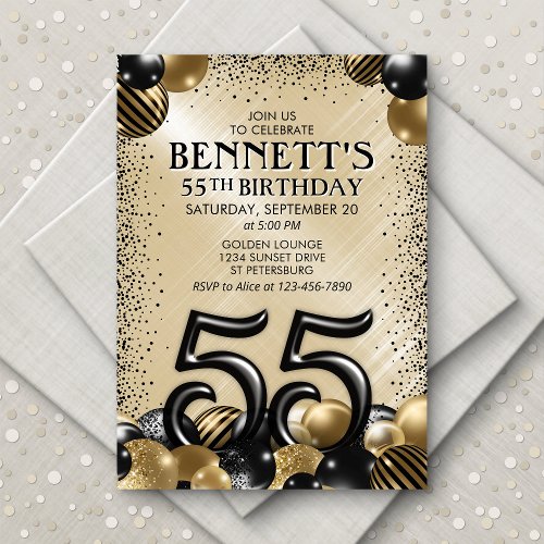 55th Balloons Black Gold Birthday Invitation