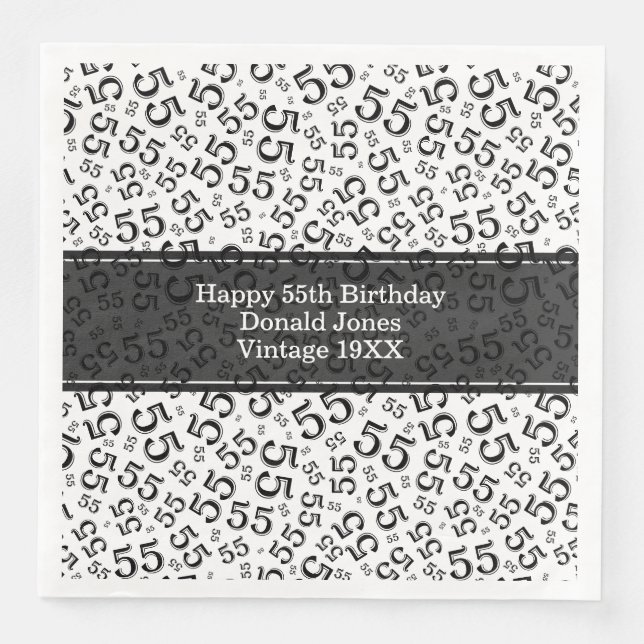 55th Birthday Age Number Pattern Black/White Paper Dinner Napkins (Front)