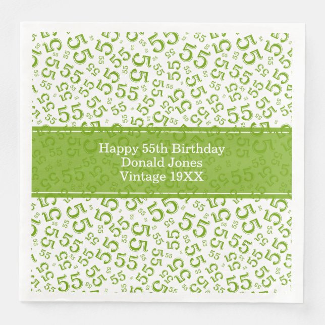 55th Birthday Age Number Pattern Green/White Paper Dinner Napkins (Front)