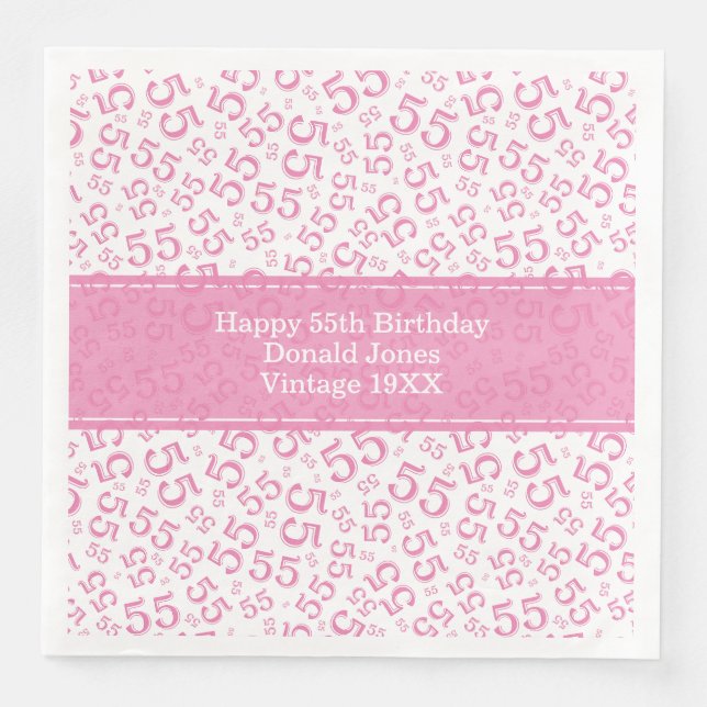55th Birthday Age Number Pattern Pink/White Paper Dinner Napkins (Front)