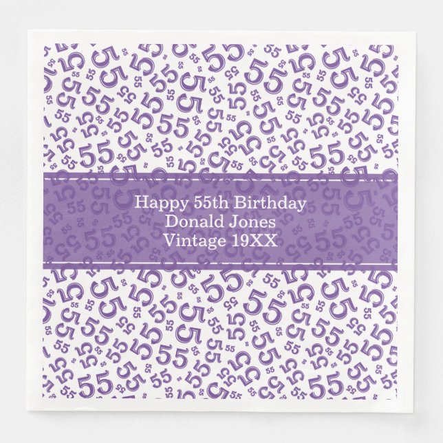 55th Birthday Age Number Pattern Purple/White Paper Dinner Napkins (Front)