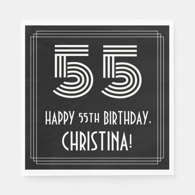 55th Birthday: Art Deco Inspired Look "55" + Name Napkins (Front)