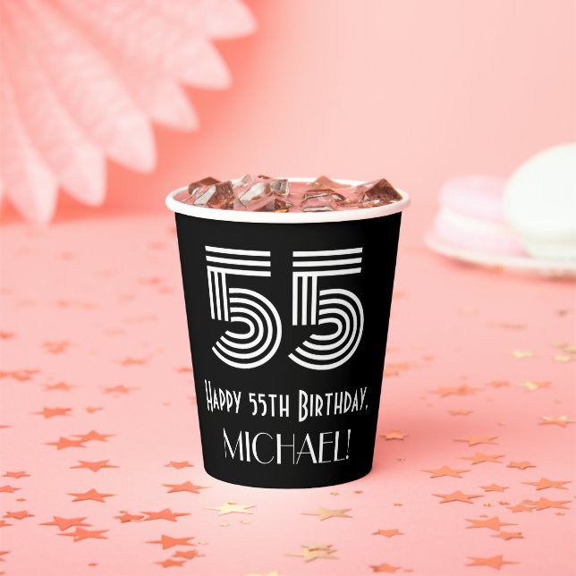 55th Birthday — Art Deco Inspired Look “55” + Name Paper Cups (Insitu)
