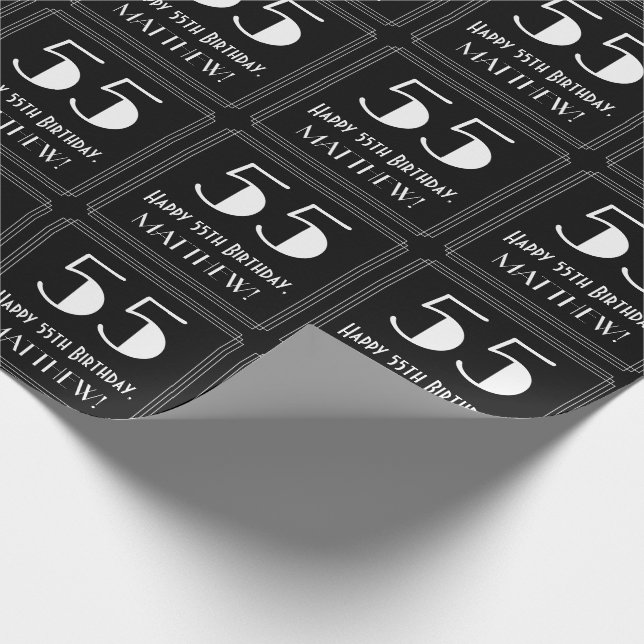 55th Birthday - Art Deco Inspired Look "55", Name Wrapping Paper (Corner)