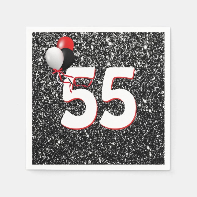 55th Birthday Balloons on Black Glitter Napkins (Front)