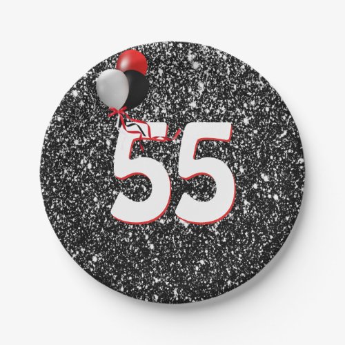 55th Birthday Balloons on Black Glitter Paper Plates