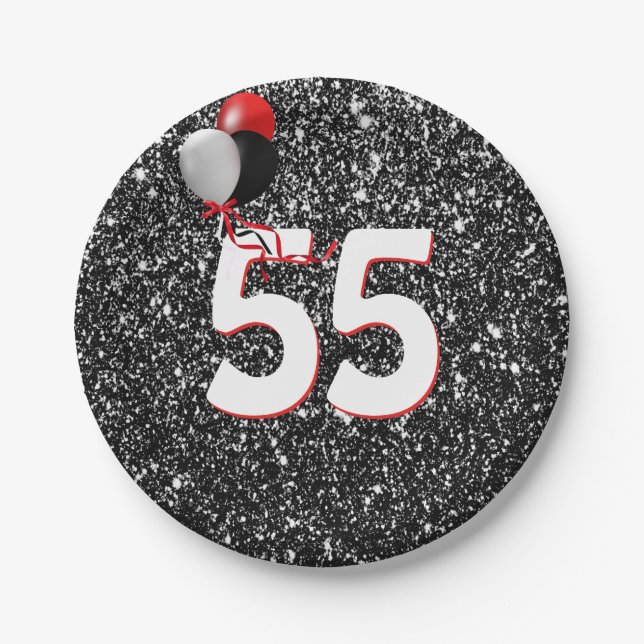 55th Birthday Balloons on Black Glitter Paper Plates (Front)