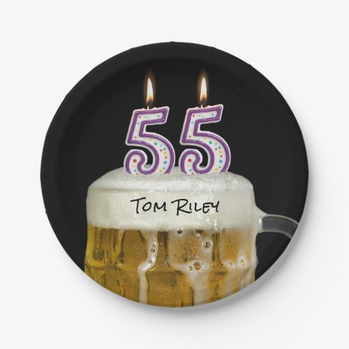 55th birthday beer with candle paper plates