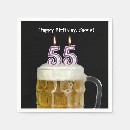 55th birthday beer with candles paper napkins