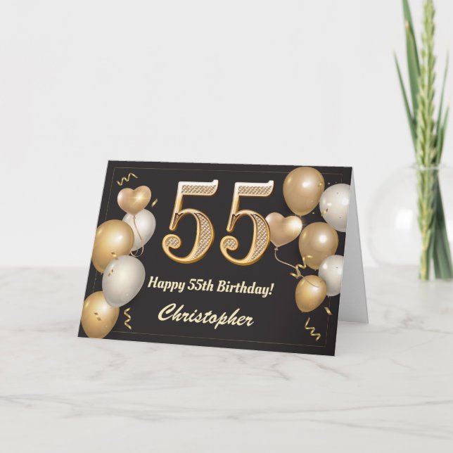55th Birthday Black and Gold Balloons Birthday Card (Front)