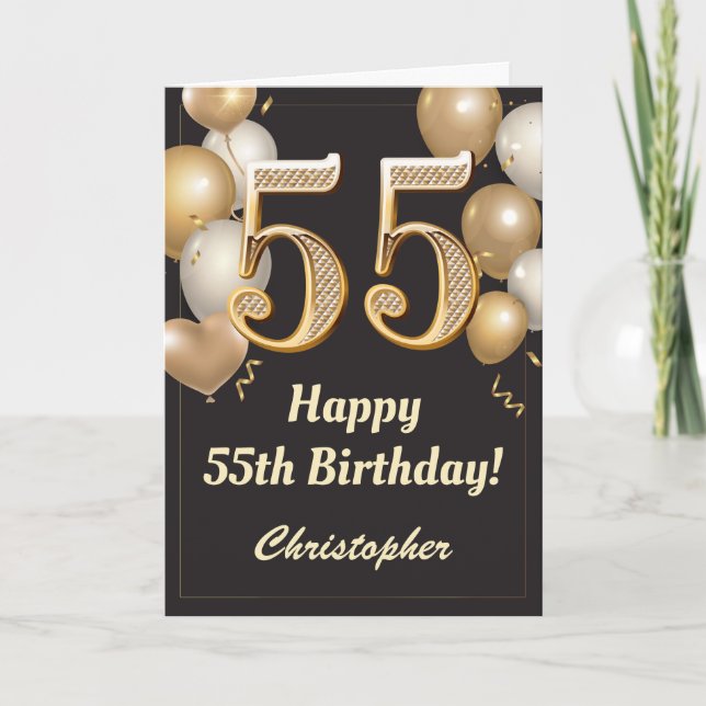 55th Birthday Black and Gold Balloons Confetti Card (Front)
