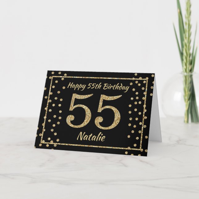 55th Birthday Black and Gold Glitter Confetti Card (Front)