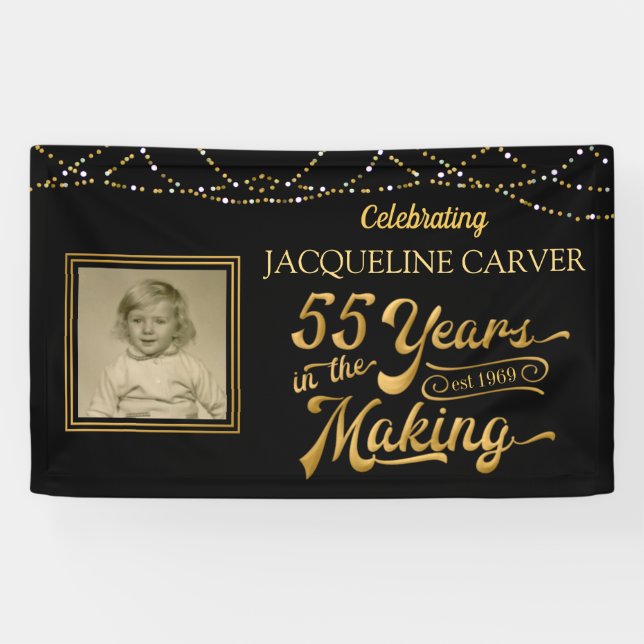 55th Birthday Black and Gold Photo Banner (Horizontal)