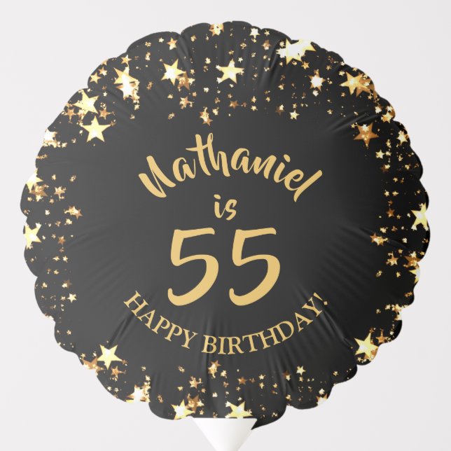 55th Birthday Black and Gold Stars Name Balloon (Front)
