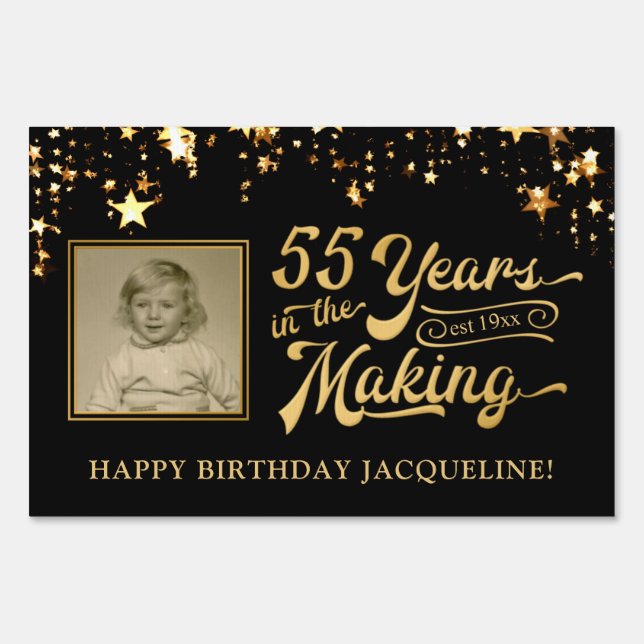55th Birthday Black and Gold Stars Photo Sign (Front)