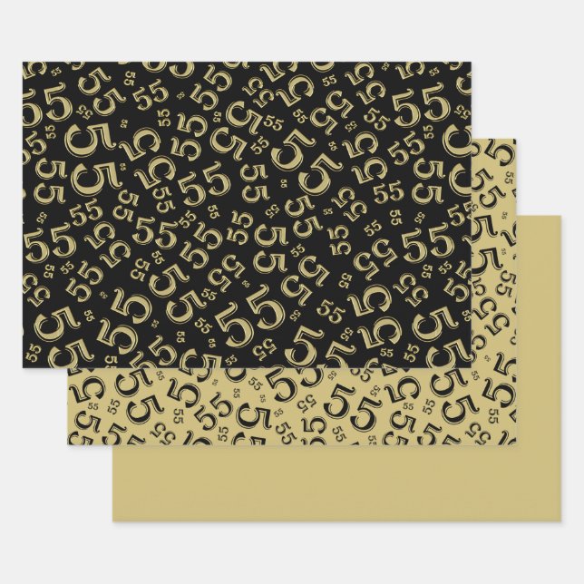 55th Birthday Black/Gold Random Number Pattern 55 Wrapping Paper Sheets (Set)