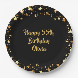 55th Birthday Black Gold Stars Name Paper Plates