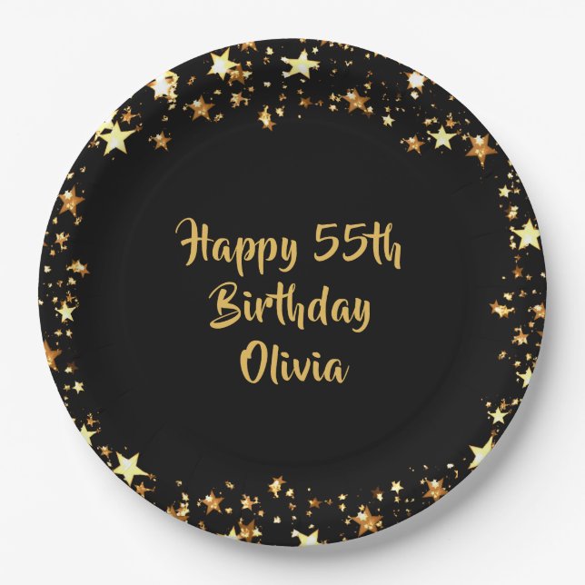 55th Birthday Black Gold Stars Name Paper Plates (Front)