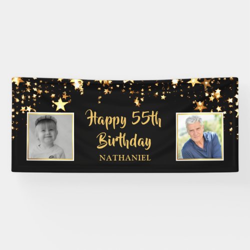 55th Birthday Black Gold Stars Photos Personalized Banner