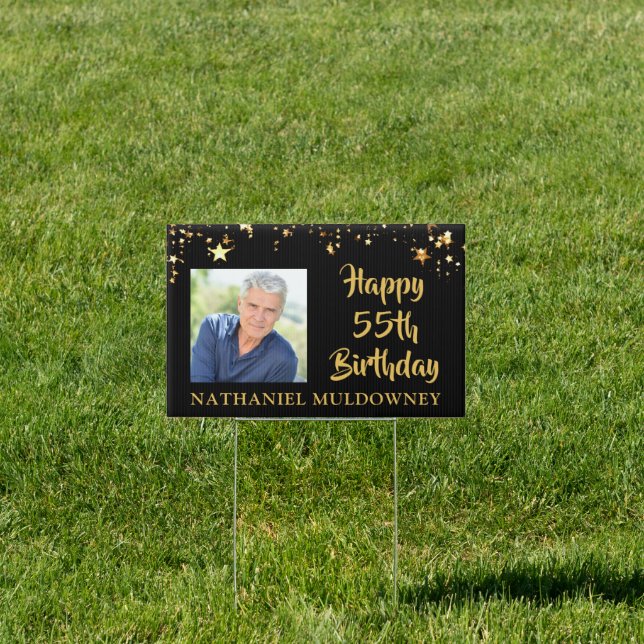 55th Birthday Black Gold Stars Two Photos Name Sign (Insitu)