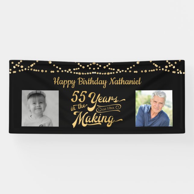 55th Birthday Black Gold String Lights Retro Photo Banner (Horizontal)