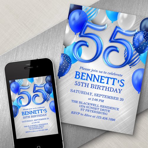 55th Birthday Blue Balloons Invitation