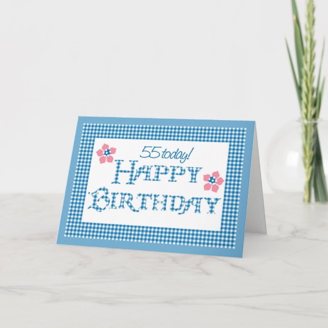 55th Birthday, Blue Check Gingham Pattern Card (Front)