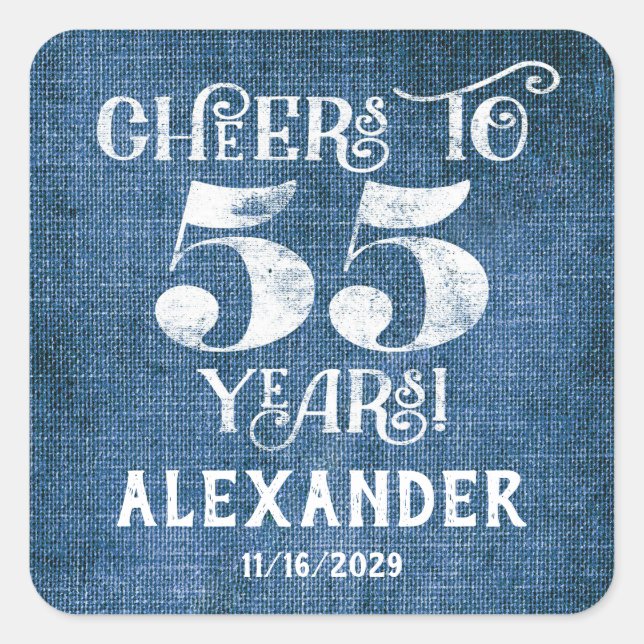 55th Birthday Blue Linen Thank You Favor Stickers (Front)