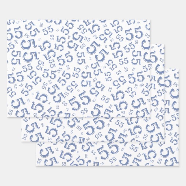 55th Birthday Blue/White Random Number Pattern 55 Wrapping Paper Sheets (Set)