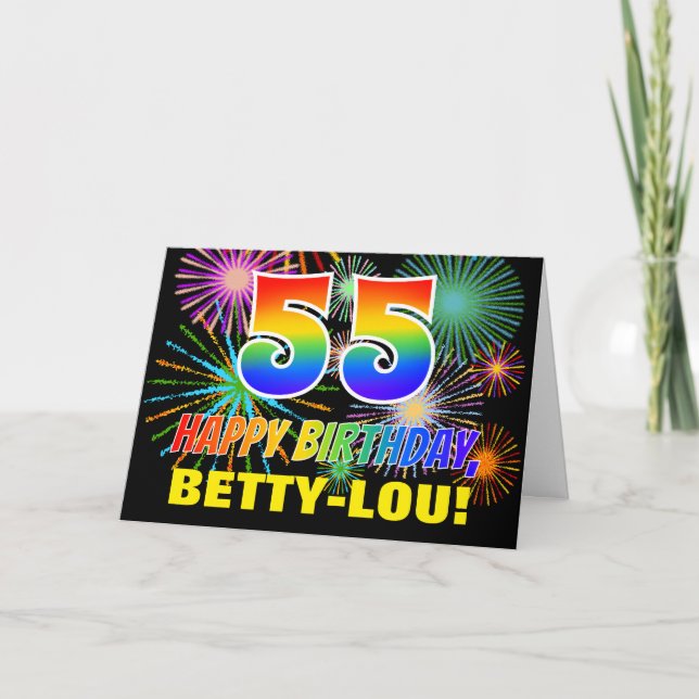55th Birthday: Bold, Fun, Fireworks, Rainbow 55 Card (Front)