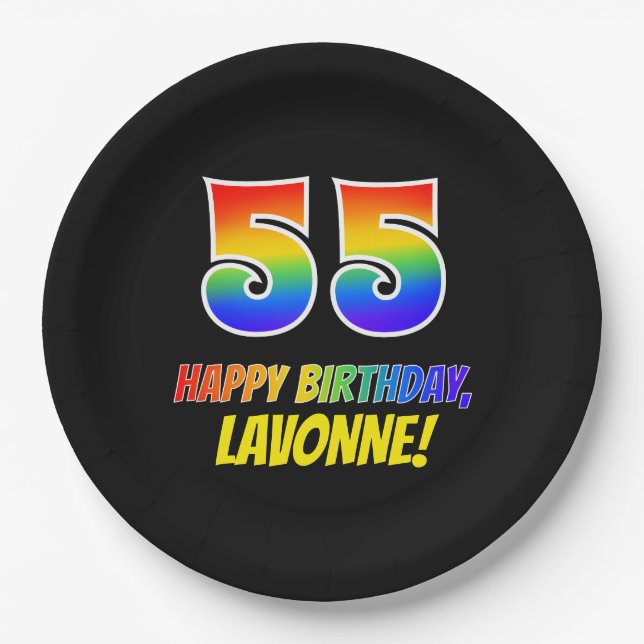55th Birthday: Bold, Fun, Simple, Rainbow 55 Paper Plates (Front)