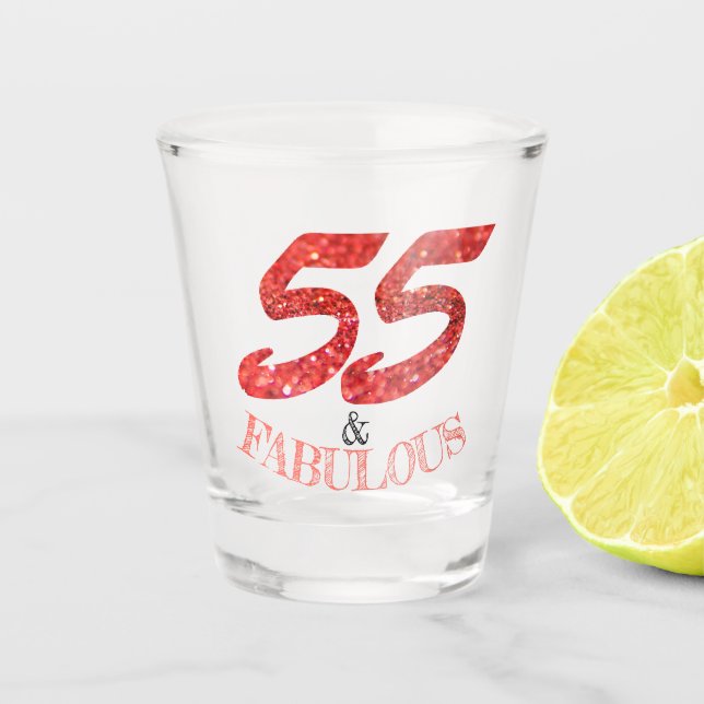 55th Birthday Celebration Coral Glitter Bokeh Shot Glass (Front)