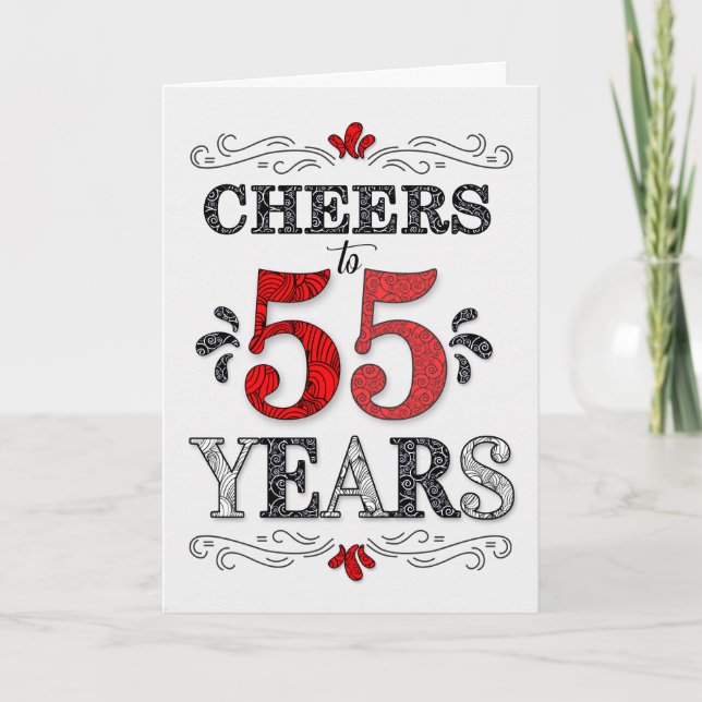 55th Birthday Cheers in Red White Black Pattern Card (Front)