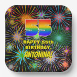 [ Thumbnail: 55th Birthday: Colorful, Fun Celebratory Fireworks Paper Plates ]