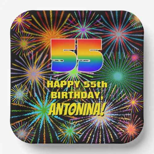 55th Birthday Colorful Fun Celebratory Fireworks Paper Plates
