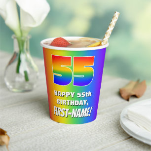 55th Birthday: Colorful, Fun Rainbow Pattern # 55 Paper Cups