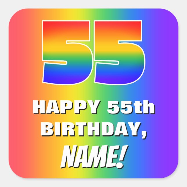 55th Birthday: Colorful, Fun Rainbow Pattern # 55 Square Sticker (Front)