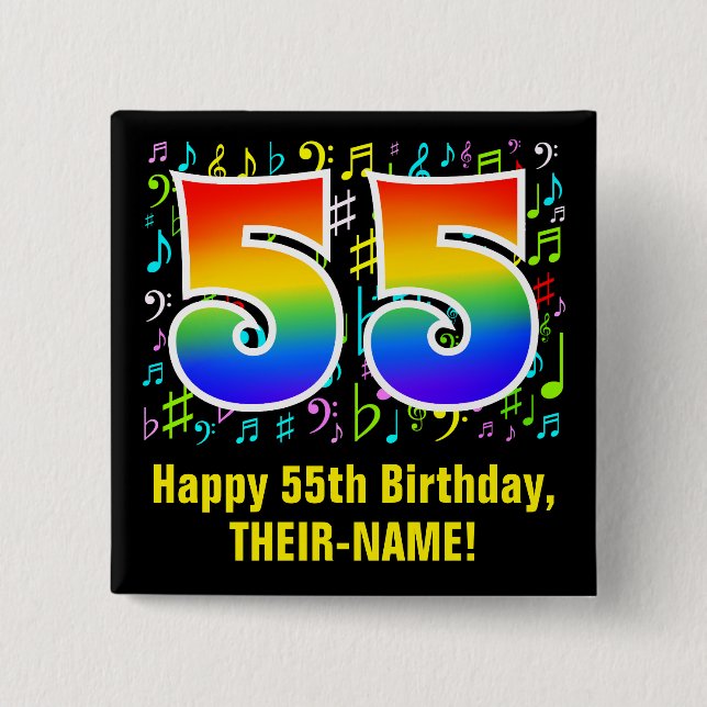 55th Birthday: Colorful Music Symbols, Rainbow 55 Button (Front)