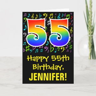 55th Birthday: Colorful Music Symbols + Rainbow 55 Card