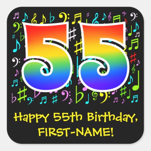 55th Birthday Colorful Music Symbols Rainbow 55 Square Sticker